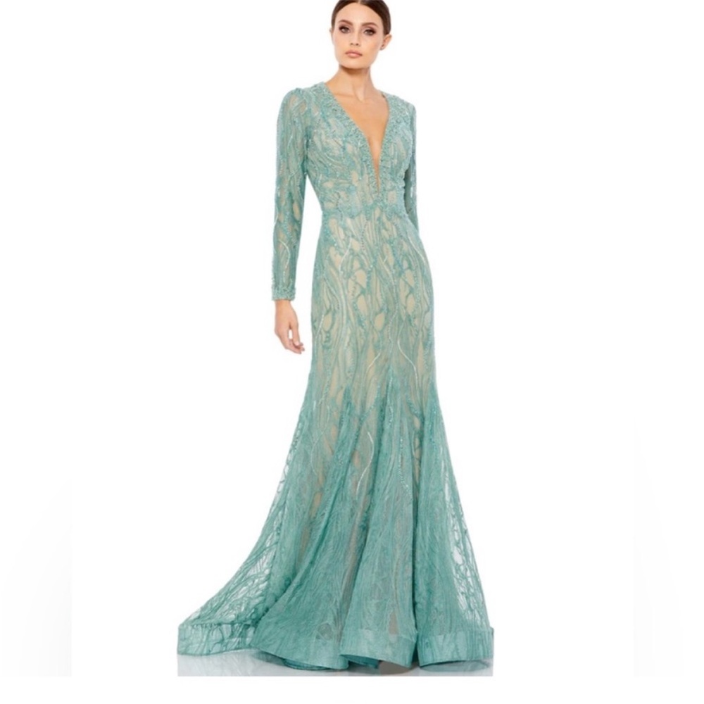 Mac Duggal Teal Lace Long Sleeve Evening Gown
